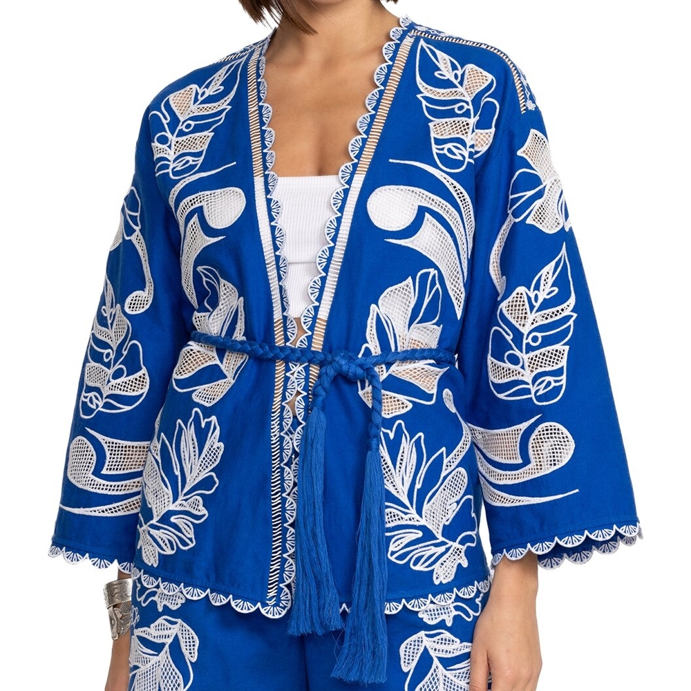 Johnny Was Blue and White Embroidered Jacket